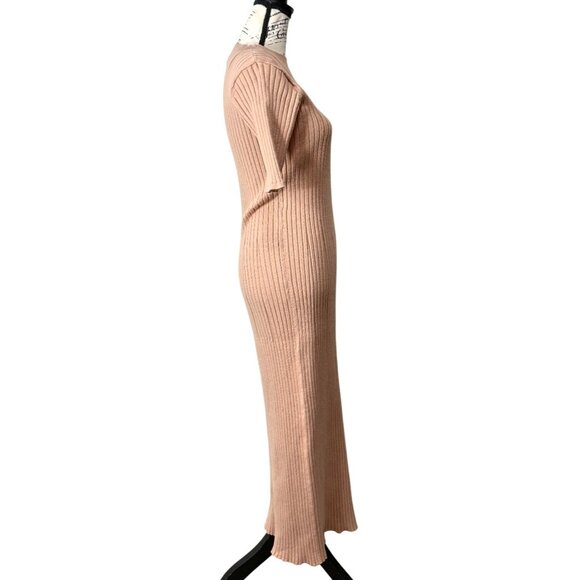 Varley Rib Knit Midi Dress Short Sleeve Beige Maeve Womens Size M - Picture 3 of 9